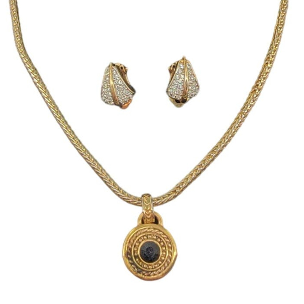 Roman Rhinestone Jewel Gold Tone Earring + Pendant Necklace Set